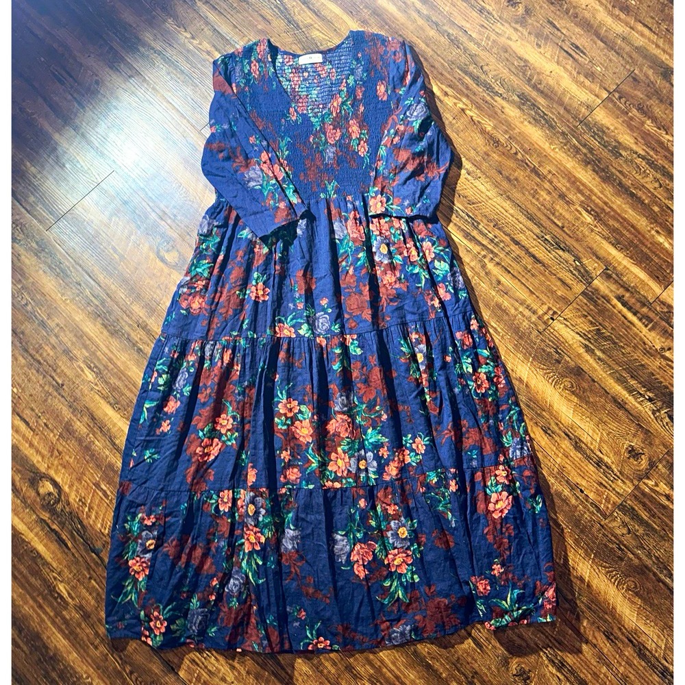 Natural Life Blue Floral V-Neck Tiered Lined Maxi Dress Women's XL Boho